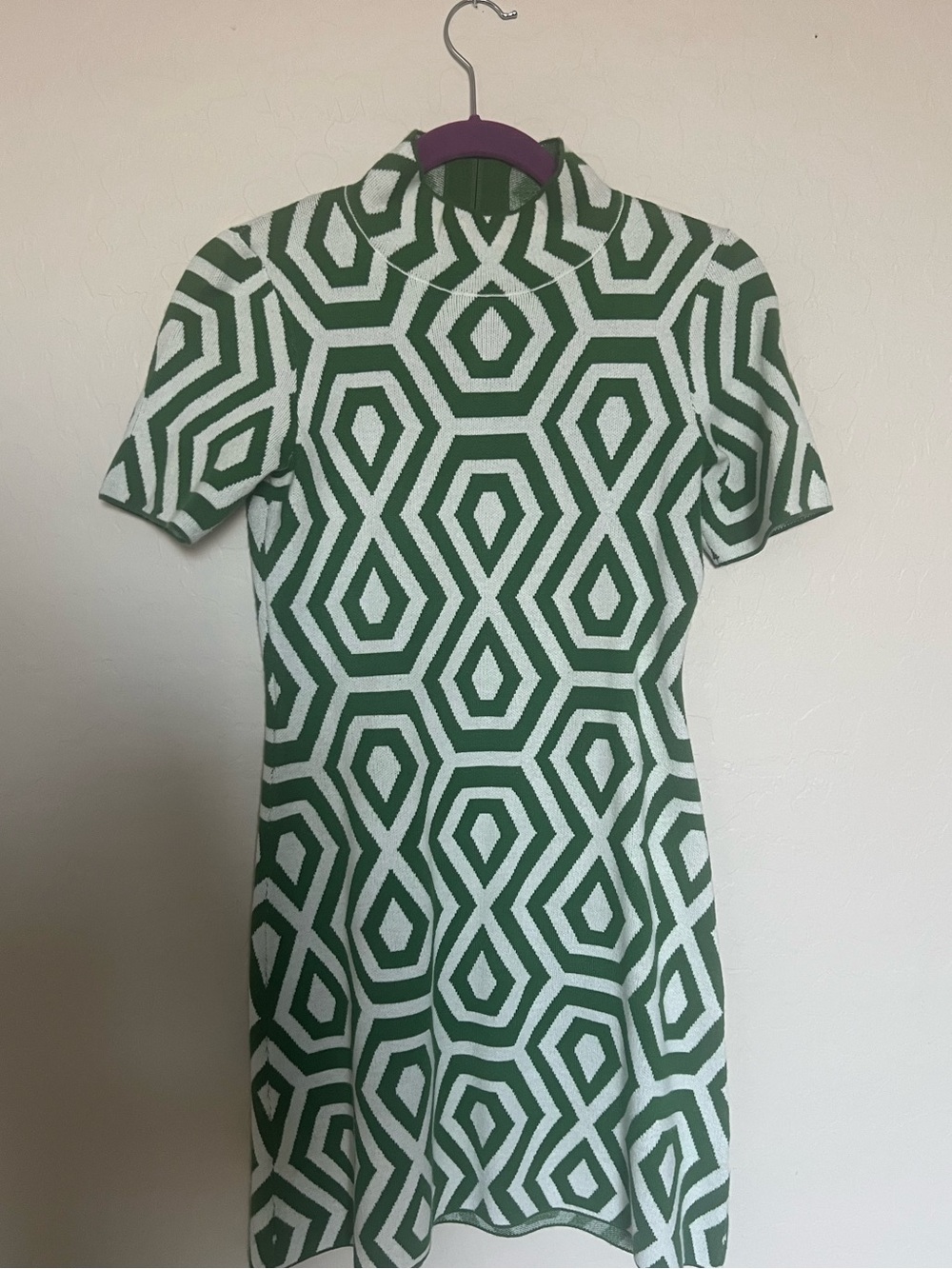 Anthropologie Maeve Green and White Geometric Mock-Neck Mini Dress